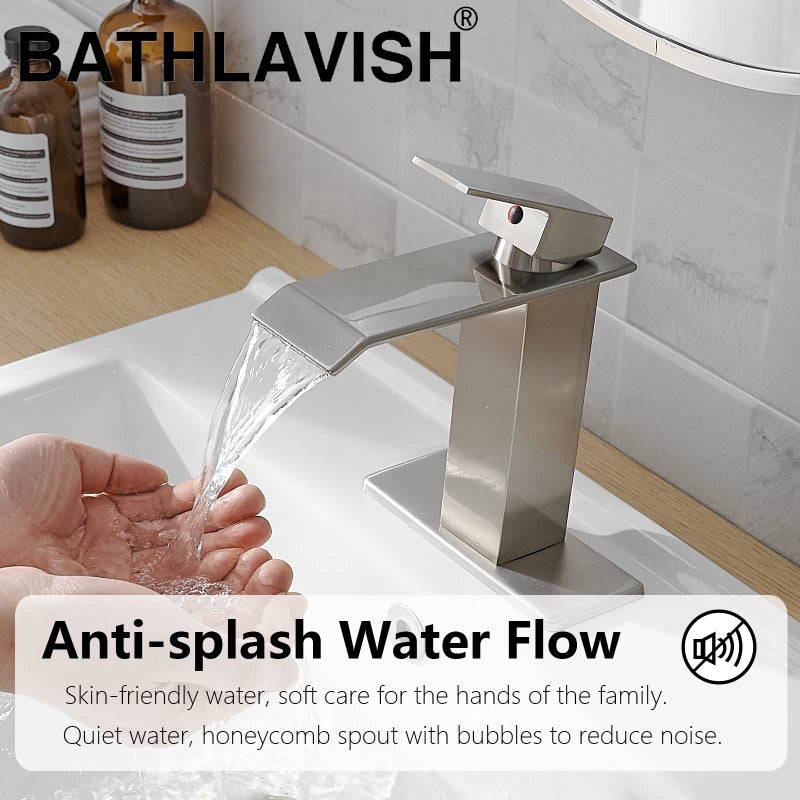 BATHLAVISH Waterfall Bathroom Sink Faucet, Brushed Nickel Single Hole Bathroom Faucet, Single Handle Modern Lavatory Vanity RV with Pop Up Drain with Overflow - Image 5